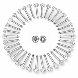 40 Nose Stud Set - CZ Crystal Nose Piercing Studs (White / Multicolour)