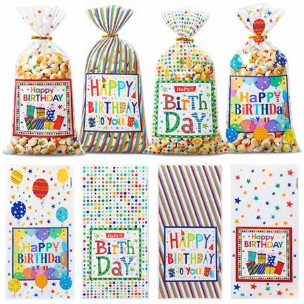 36 Colourful Cellophane Treat Bags for Birthday Parties, Sweets and Gifts