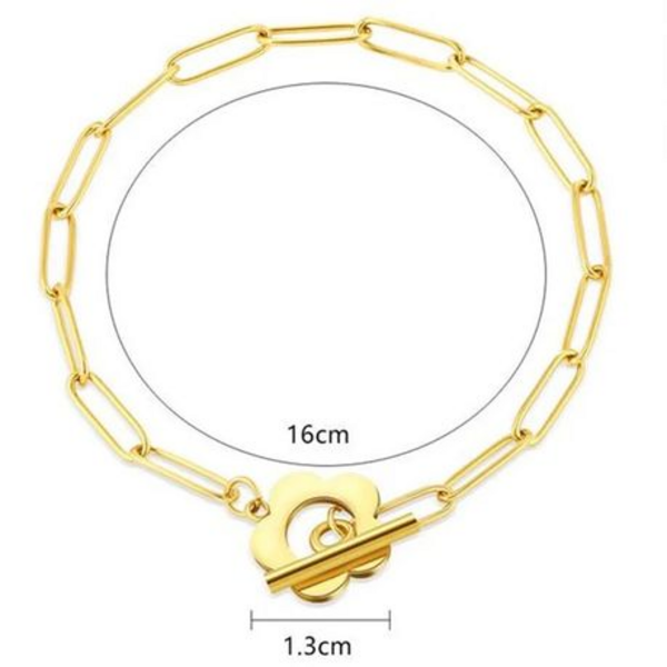 Bloom with Style: Flower & Bar Toggle Paperclip Bracelet - Simple Elegant - Gold