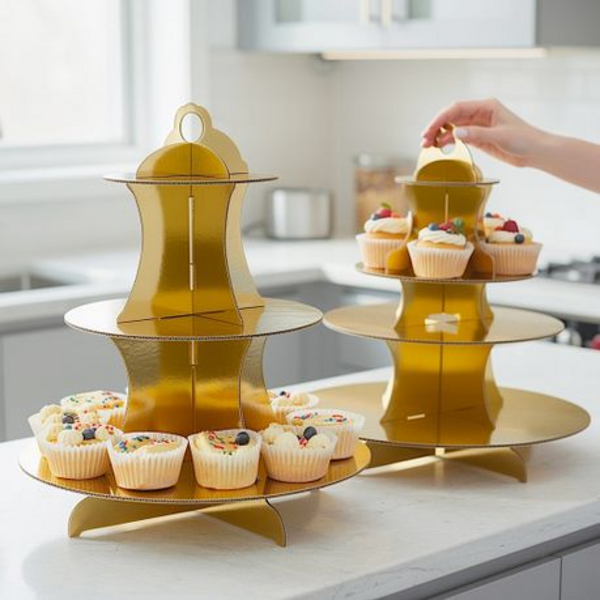2 x Cupcake Cake Stand - 3-Tier Foil Covered Cardboard in Gold or Silver - Image 6