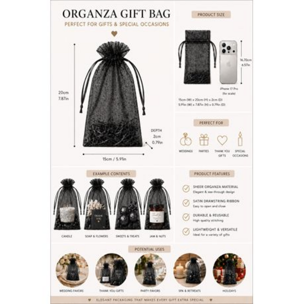 50 Organza 17cm x 23cm Bags in White, Black, Gold, Silver, Black and Red - Image 33