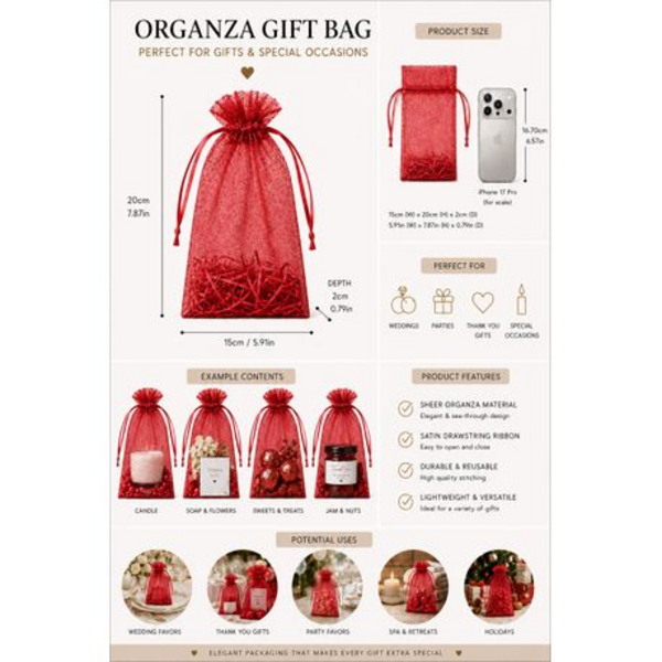 50 Organza 17cm x 23cm Bags in White, Black, Gold, Silver, Black and Red - Image 26