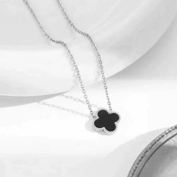 Lucky Charm: Black 4-Leaf Clover Pendant in Silver Stainless Steel