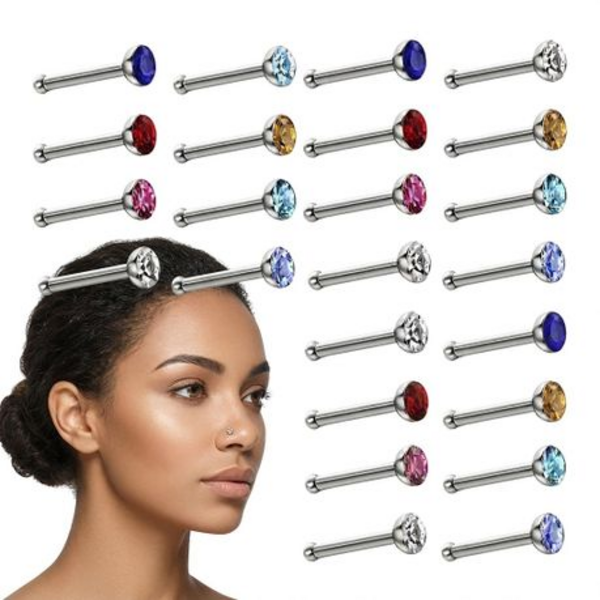 24 Nose Stud Set - CZ Crystal Nose Piercing Studs (Multicolour / White) - Image 6