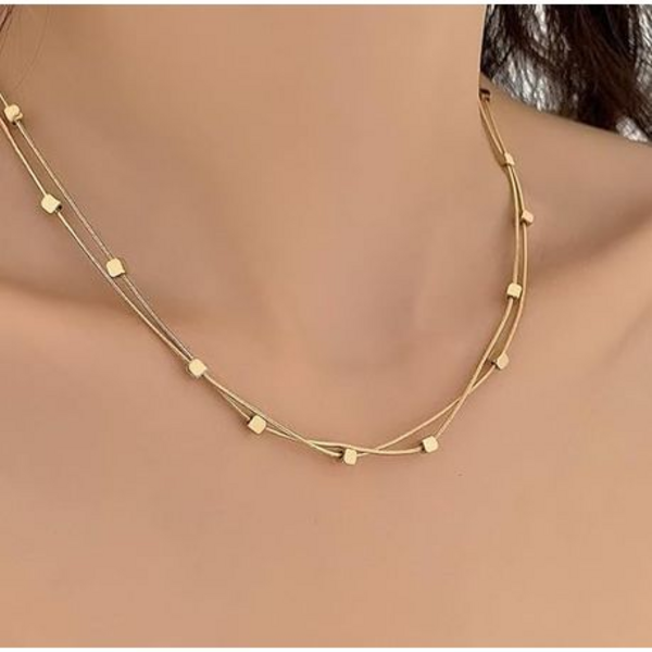 Unique Interlinked Mini Square Beads Stainless Steel Golden Necklace