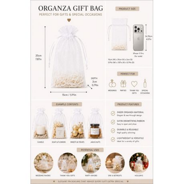50 Organza 17cm x 23cm Bags in White, Black, Gold, Silver, Black and Red - Image 12