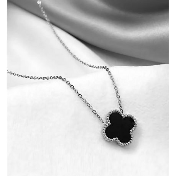 Lucky Charm: Black 4-Leaf Clover Pendant in Silver Stainless Steel