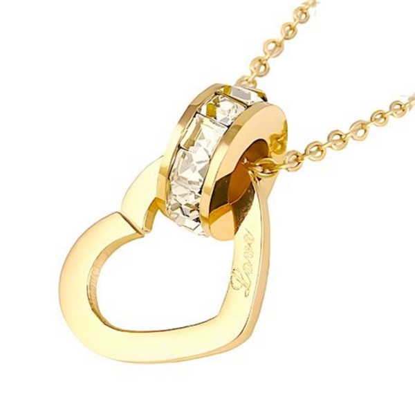 Timeless Love: Interjoined Heart and Zircon Halo Stainless Steel Pendant - Gold