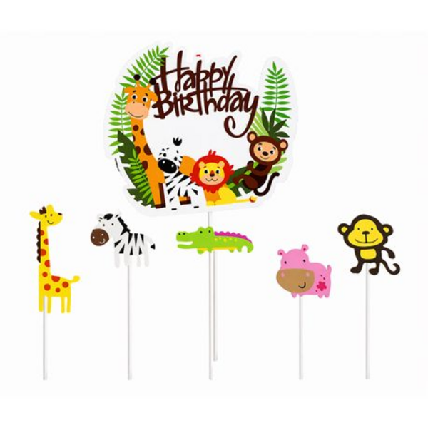 Cake Topper Cupcake Decor Kit - Happy Bday "Wild Animal" Party Event Set