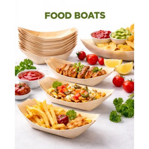 Wooden Serving Boats 100 Pack - 19cm Disposable Pine Food Catering Trays - Image 6