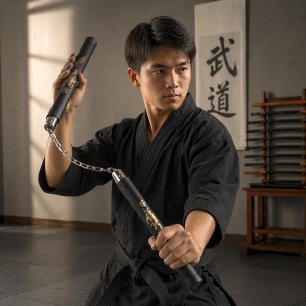 Foam Training Nunchaku in Black with Embossed Golden Dragon - Image 6