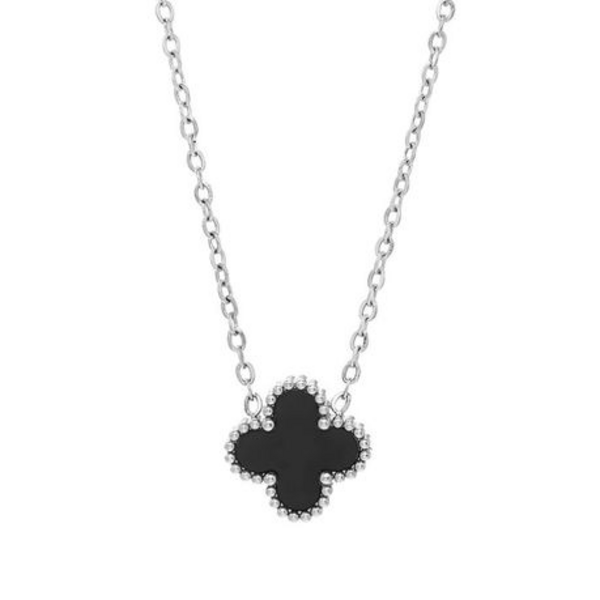 Lucky Charm: Black 4-Leaf Clover Pendant in Silver Stainless Steel