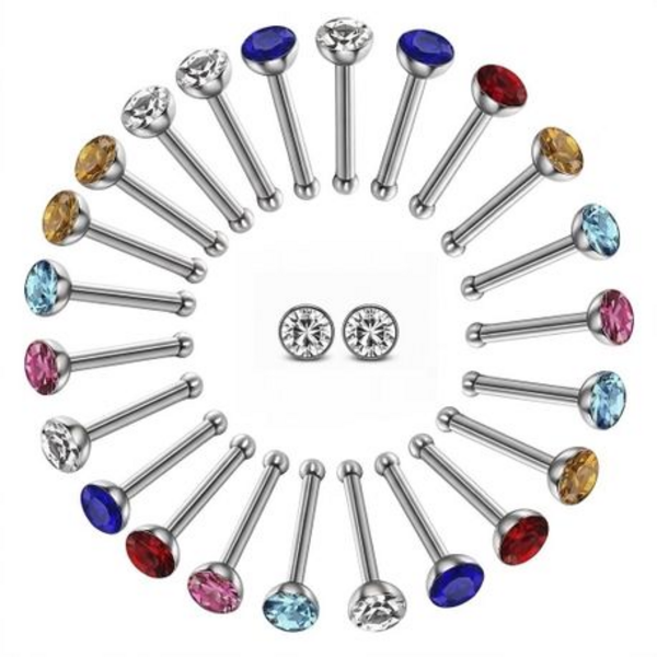24 Nose Stud Set - CZ Crystal Nose Piercing Studs (Multicolour / White) - Image 2