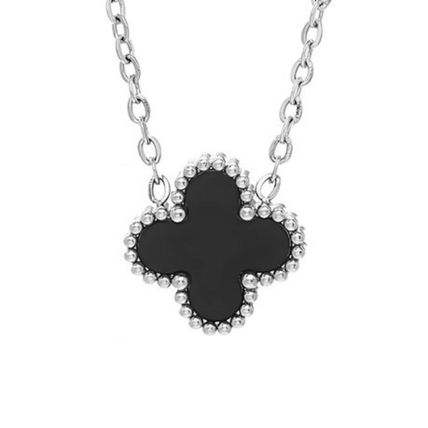 Lucky Charm: Black 4-Leaf Clover Pendant in Silver Stainless Steel
