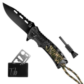 Tvb Black & Camo Folding Knife Tactical EDC with Strap + Survival Flint