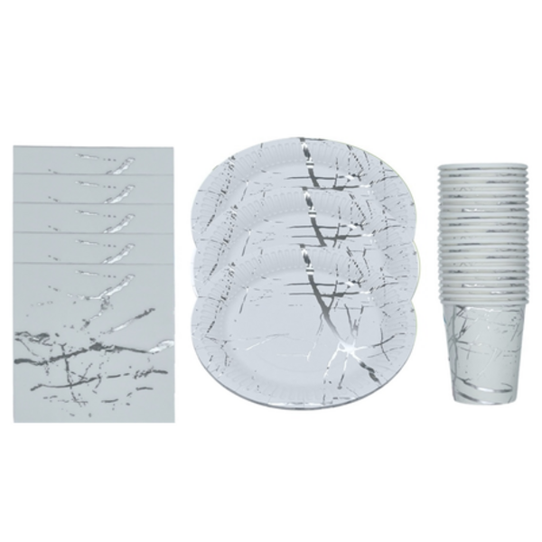 60-Piece Silver & White Marble Print Disposable Entertainment Pack
