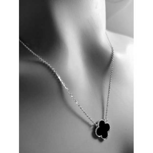 Lucky Charm: Black 4-Leaf Clover Pendant in Silver Stainless Steel