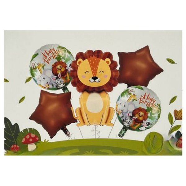 5-Piece Lion Safari Happy Birthday Themed Foil Balloon Party Decoration Set