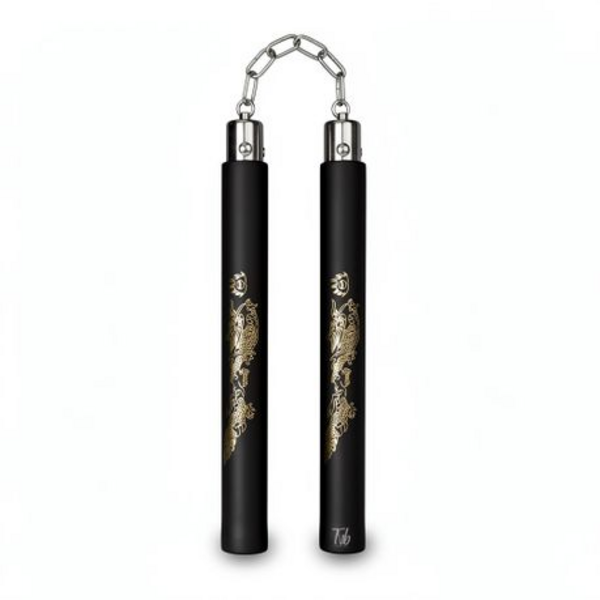 Foam Training Nunchaku in Black with Embossed Golden Dragon - Image 3