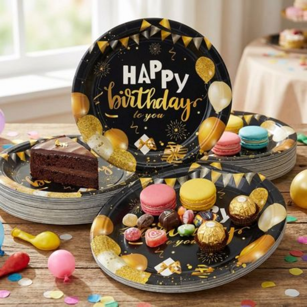 Elegant Upmarket Designer "Happy Birthday" Disposable Paper Plates & Cups - Image 5