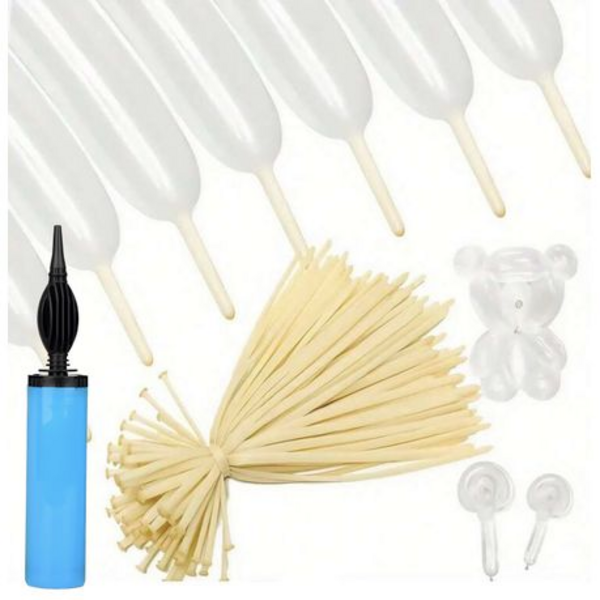 200-Count Long Latex Modeling Balloon Kit- White & Natural Hand Pump