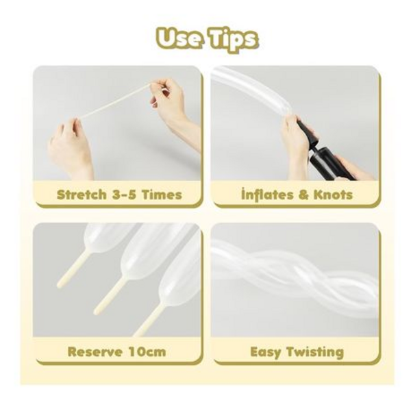 200-Count Long Latex Modeling Balloon Kit- White & Natural Hand Pump