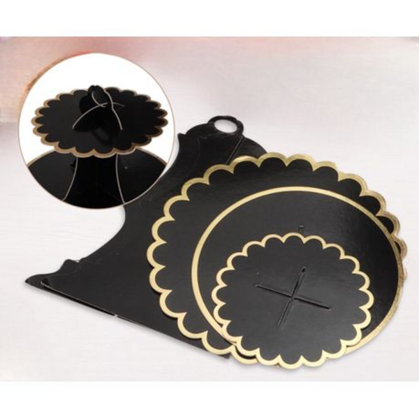 Golden Glamour:Black Cupcake Stands with Gold Rim for Sophisticated Display