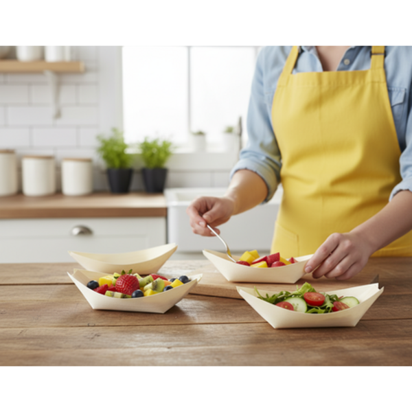 Wooden Serving Boats 100 Pack - 9cm Disposable Pine Food Catering Trays - Image 4