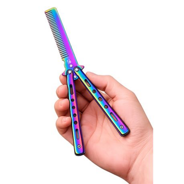 Trainer Non Sharp Butterfly Comb Knife - Rainbow Multi Colour Practice Tool