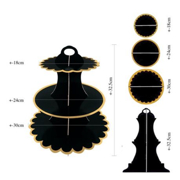 Golden Glamour:Black Cupcake Stands with Gold Rim for Sophisticated Display