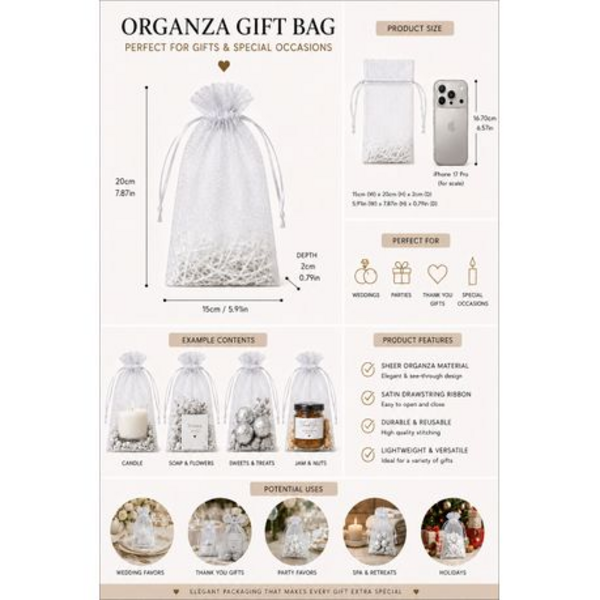 50 Organza 17cm x 23cm Bags in White, Black, Gold, Silver, Black and Red - Image 10