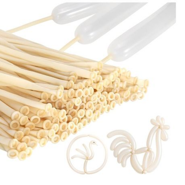 200-Count Long Latex Modeling Balloon Kit- White & Natural Hand Pump