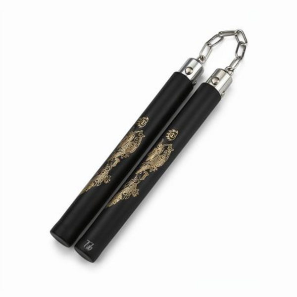 Foam Training Nunchaku in Black with Embossed Golden Dragon - Image 4