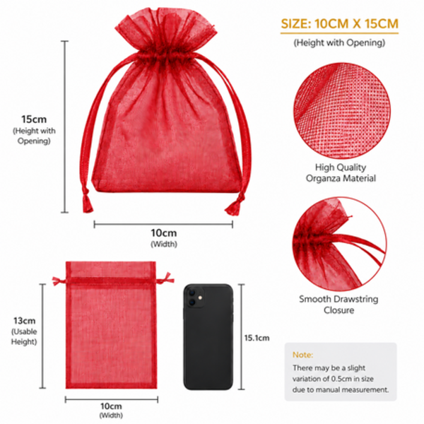 50 Organza 13cm x 18cm Bags in White, Black, Gold, Silver, Black and Red - Image 8