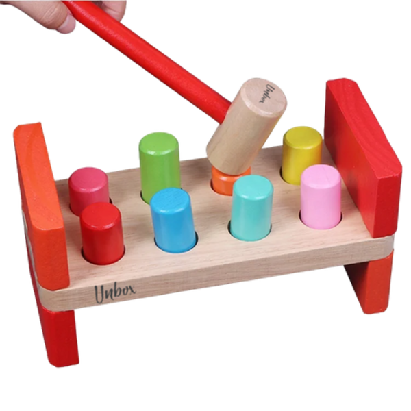 Unbox Wooden Bench with Toy Hammering Mallet for Pounding Coloured Blocks