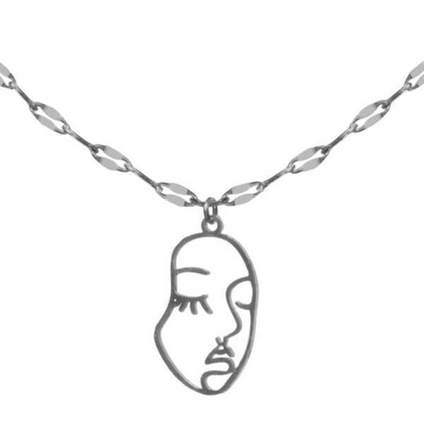 Silver Stainless Steel Cameo Face Outline Pendant & Necklace Set!