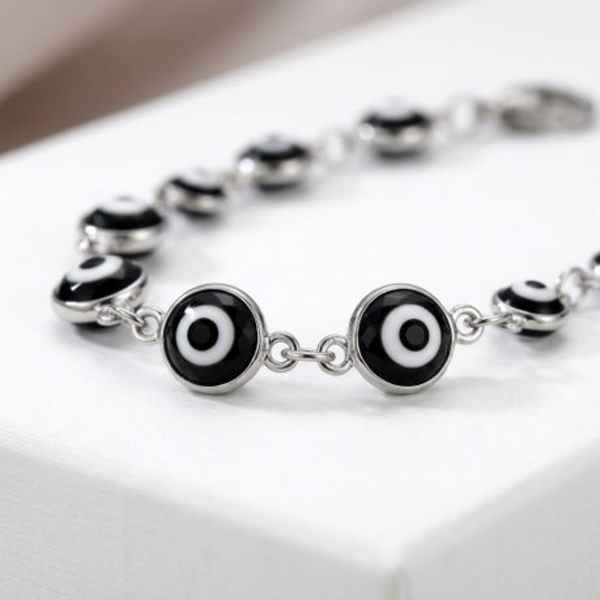 Evil Eye Protection Bracelet in Black - Stainless Steel Link Chain Jewelry - Image 3