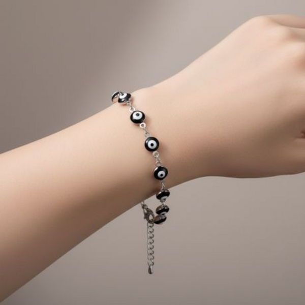 Evil Eye Protection Bracelet in Black - Stainless Steel Link Chain Jewelry - Image 6