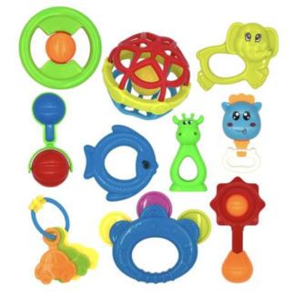 Hard Plastic Baby Rattle Set - 10pcs, No Teether, Safe Grab-Shake Play